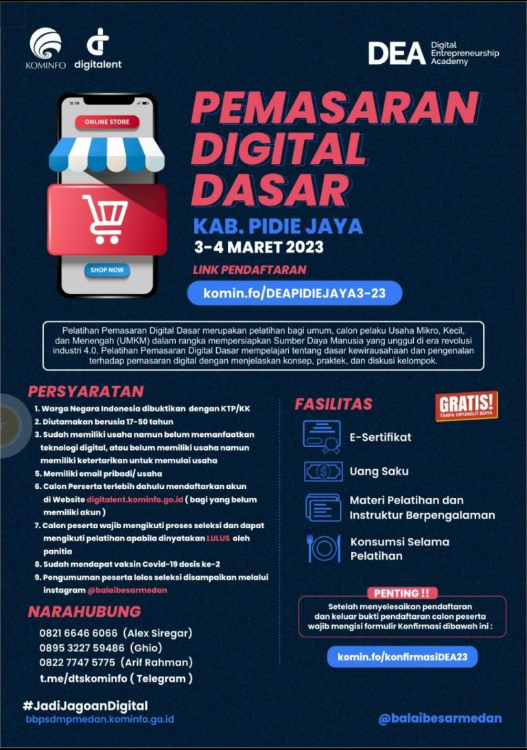 Pelatihan Pemasaran Digital Dasar Kabupaten Pidie Jaya 3-4 Maret 2023 (Klik Selengkapnya)